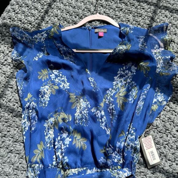Vince Camuto Blue Y2k V Neck Floral Full-Length Fit Flare Ruffle Dress 18w Blue - Picture 7 of 12